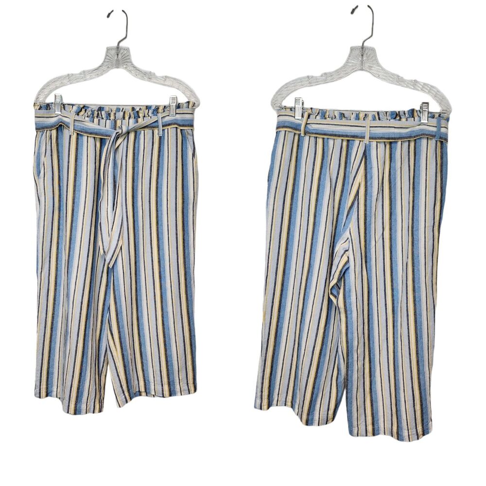 Fever Womens Wide Leg Paperbag Elastic Waist Multicor Blue Stripe Pants Size L - Picture 1 of 5